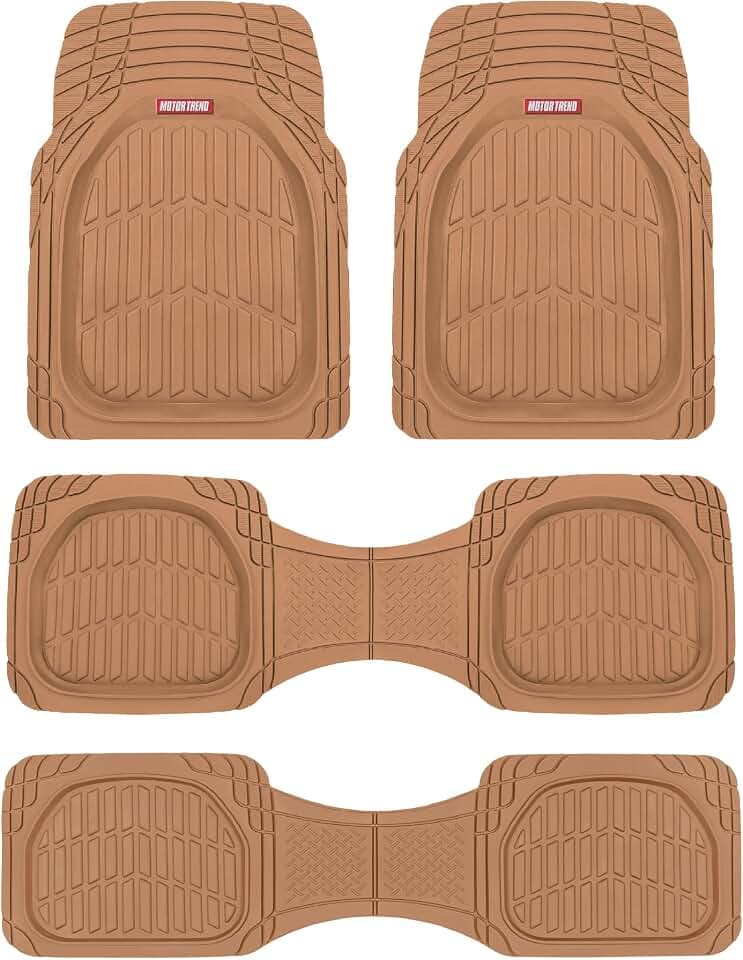 Motor Trend Original FlexTough Beige Rubber Car Floor Mats for 3 Row Vehicles, Front & Rear 2nd Row Deep Dish All Weather Automotive Heavy Duty Trim to Fit, Automotive Liners for Cars Truck Van SUV