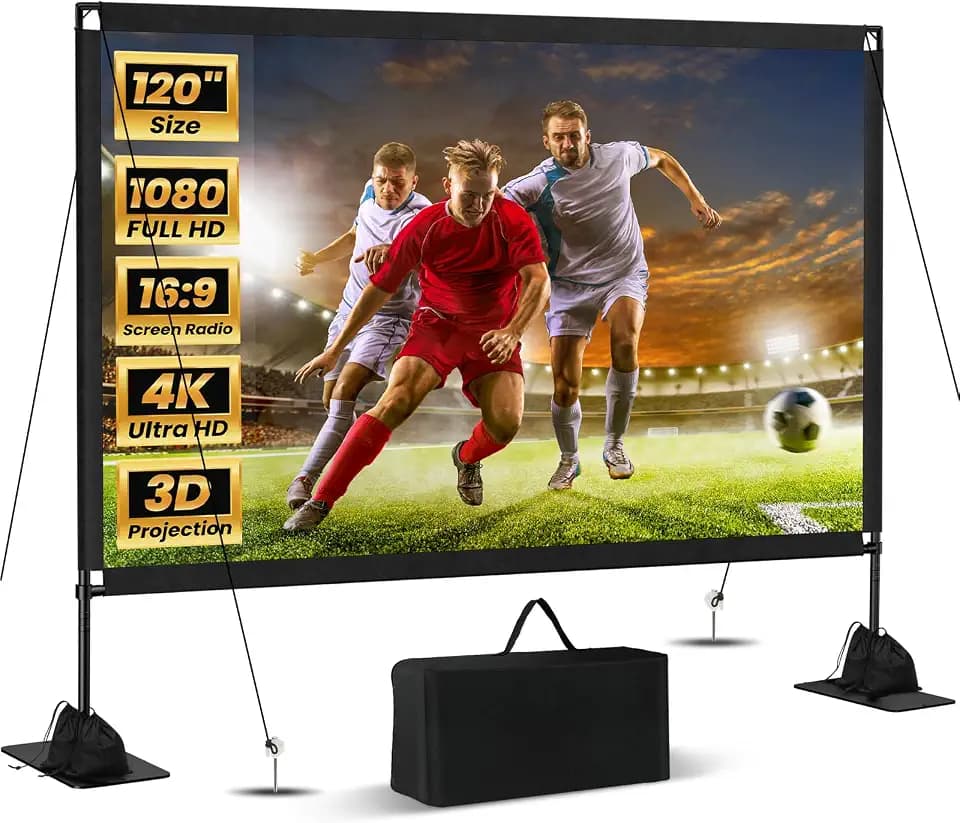 120inch Projector Screen with Stand: Portable Projector Screen Outdoor Indoor Front/Rear16:9 4K HD with Carry Bag Sandbag- Movie Screen for Backyard Moive Night, Camping, Theater