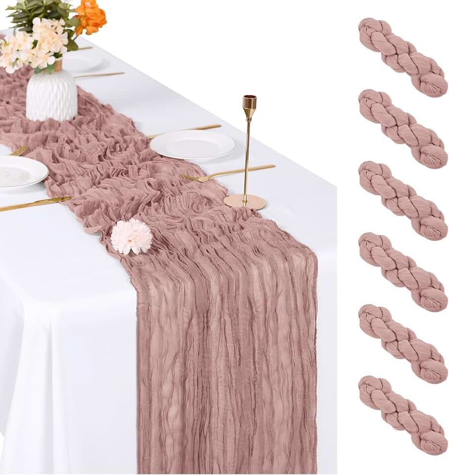 6 Pack Dusty Pink Cheesecloth Table Runner, 17 x 108 inch, Semi Sheer Boho Cheese Cloth Fabric Table Runner Bulk for Wedding, Birthday, Party, Holiday, Home Decor (Dusty Pink)