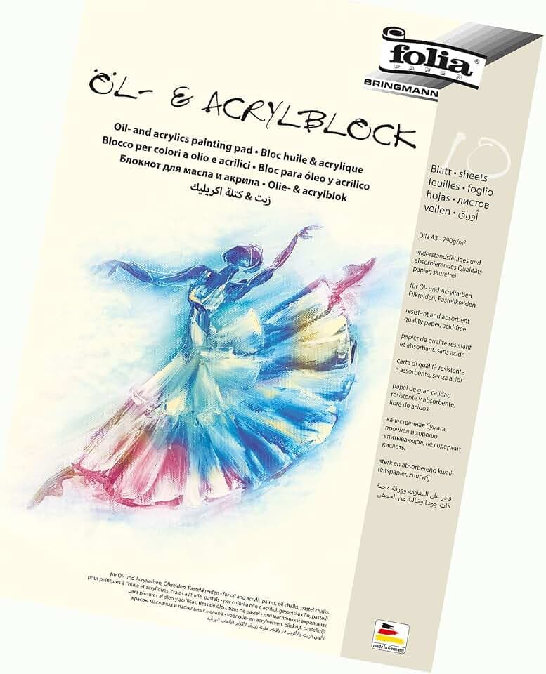 folia 8363 - Öl- und Acrylmalblock, 290g/qm, DIN A3, 10 Blatt - Qualitätspapier geeignet für Acrylfarben, Öl- und Pastellkreiden, Weiß