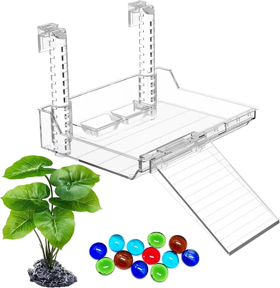 GOZILLA Turtle Basking Platform with Feeding Tray & Adjustable Ramp,Anit-Slip,Durable,Height Adjustable Hanging Platform.Acrylic Turtle Dock for Small Turtles, Reptiles and Aquatic Pets. (Large Kit)
