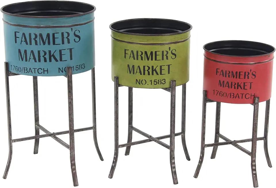 Deco 79 Metal Indoor Outdoor Planter Farmers Market Large Planter Pot, Set of 3 Planters 22", 25", 28"H, Multi Colored