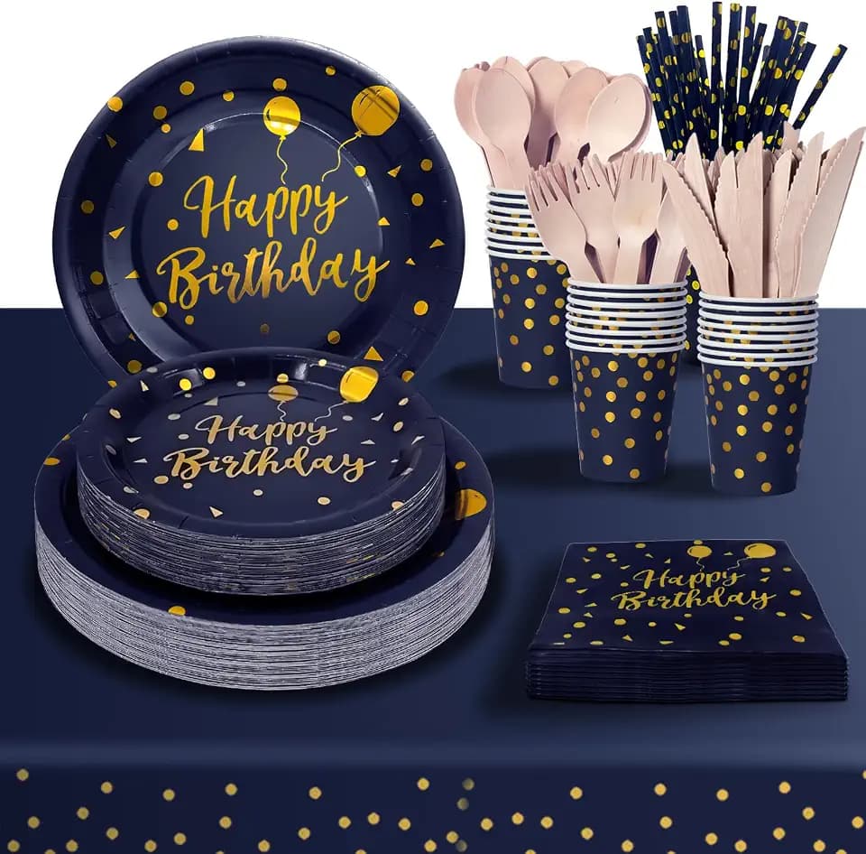 Happy Birthday Navyblau Gold Party Teller Set 24 Gästes