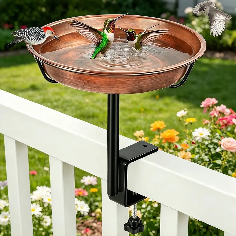 Gtongoko Deck Mounted Metal Bird Bath for Outside, 12 Inch Dia Weather-Resistant Birdbath Bowl for Balcony Fence Railing with Adjustable Clamp Outdoors