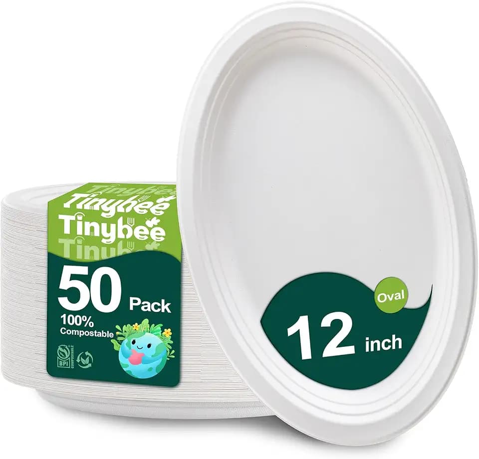 Tinybee 100% Compostable Oval Paper Plates 12 Inch [50-Pack]