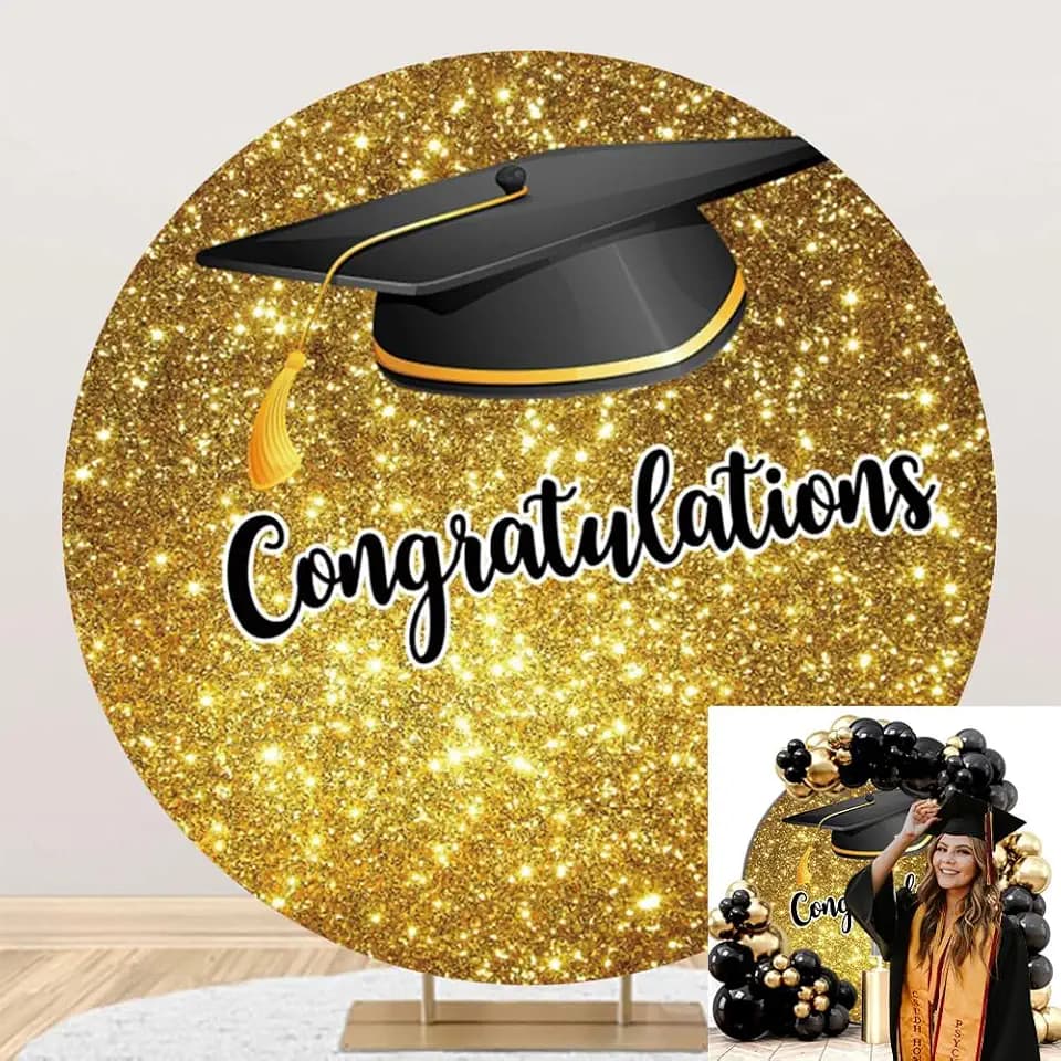 Round Graduation Backdrop Cover Congratulations Grad Round Backdrop Bachelor Cap Gold Sequin Graduation Party Decorations Circle Arch Stand Cover Class of 2026 Photography Background 6.5ft