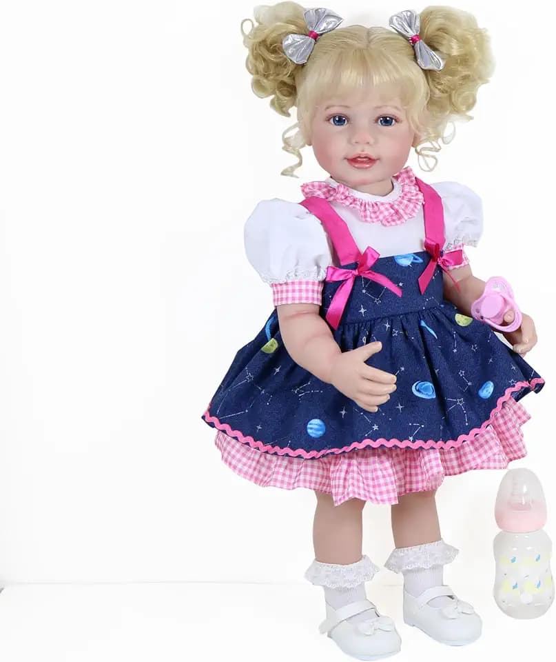 Galaxia Girl 22 Inch Realistic Reborn Toddler Doll - 3D Hand-Painted Face with Visible Veins - Full Body Soft Vinyl Lifelike Baby Doll with Blonde Curly Hair & Planet Dress - Gift for Kids Ages 3+
