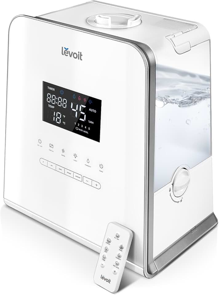 Levoit Ultraschall Luftbefeuchter Raumbefeuchter 5,5L, Warm/Kalt Dampf bis 40-70 m² mit LED Touchpad, Dual 360° drehbare Dampfdüsen, Timer Abschaltautomatik, geeignet für Wohn-, Schlafzimmer Büro
