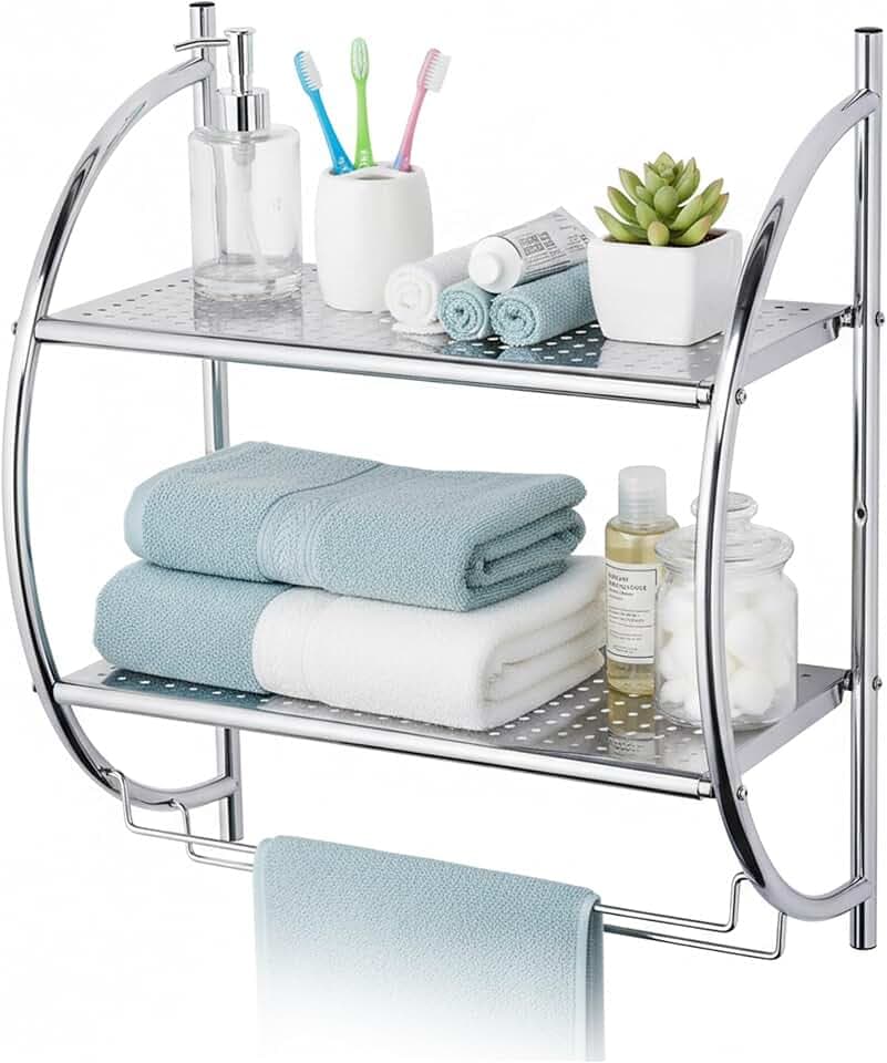 Relaxdays Badregal, Wandregal mit 2 Ablagen, 2 Handtuchstangen, Silber