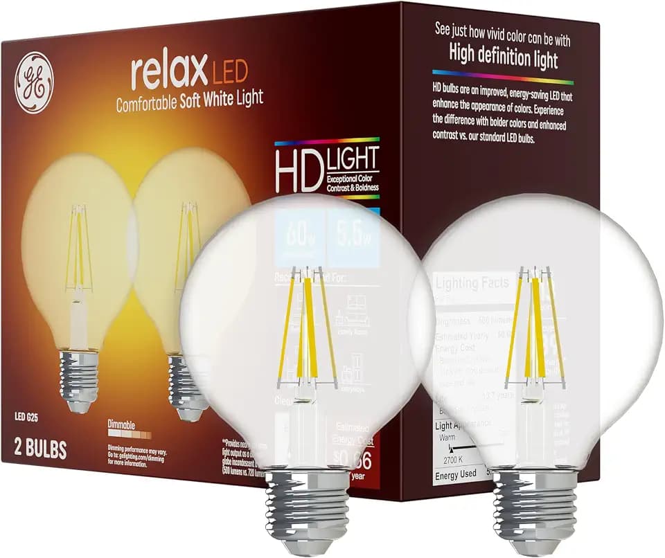 GE Relax LED Light Bulbs, 60 Watt, Soft White, G25 Globe Bulbs, Medium Base (2 Pack)