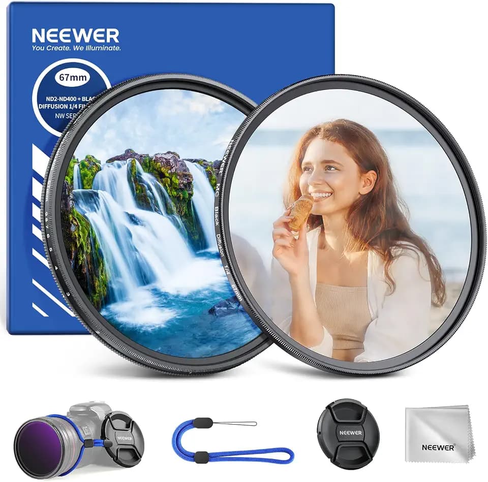 NEEWER 67mm Variable ND 2-400 & Black Diffusion 1/4 Filter for Mist Cinematic Effect, 2 Pack Multicoated Neutral Density & Soft Dreamy Camera Lens Effect Filter Set