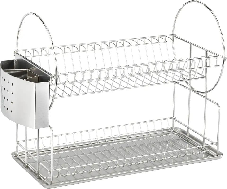 WENKO Geschirrabtropfer Exclusiv Duo - Teller- und Tassenablage, Besteckkorb, Auffangschale, Edelstahl rostfrei, 21 x 33 x 49 cm, Silber matt
