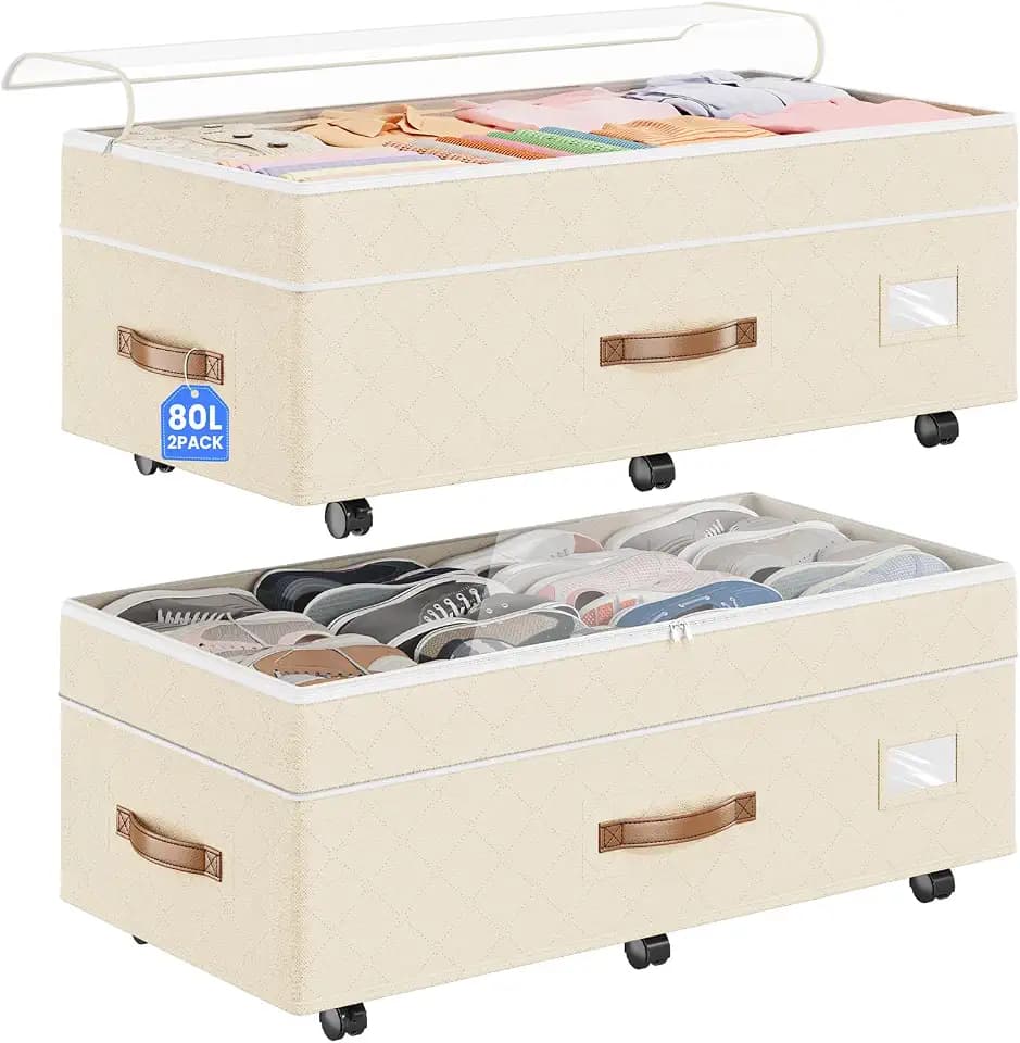 Budding Joy 80L 2 Pack Adjustable Under Bed Storage with Wheels, Beige
