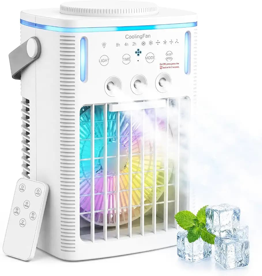 Klimaanlage Mobil,6 in 1 Mobiles Klimagerät,1000ml Mobile Klimaanlage mit Fernbedienung, 3 Geschwindigkeiten, 3 Nebelmodi, Typ-C,7 Farben Licht, 2-8H Timer, Tragbarer Klimaanlage für Zimmer/Büro
