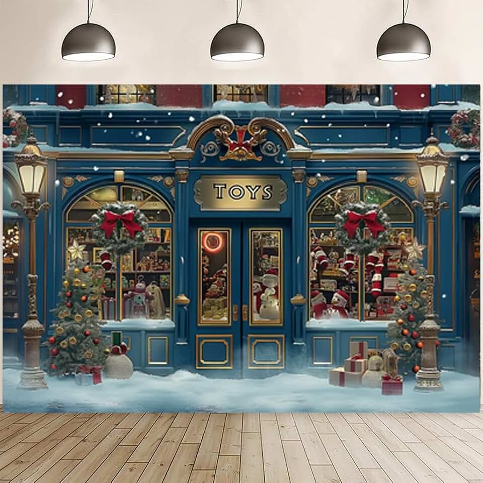 Christmas Vintage Toy Store Backdrop for Photoshoot Snowflakes Xmas Tree Wreath Gift Shop Holiday Party Decoration Winter Snow Window Christmas Eve New Year Party Background (7X5FT)