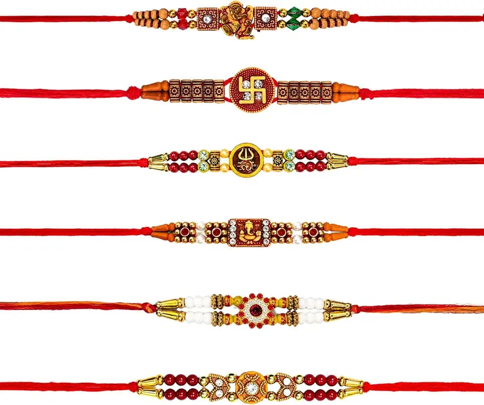 6 Pcs Handmade Designer Rakhi Set for Brother, Om Beads, Floral & Traditional Thread Design, Multi Color, Adjustable, Polyester Blend (Religious Designer Rakhi)