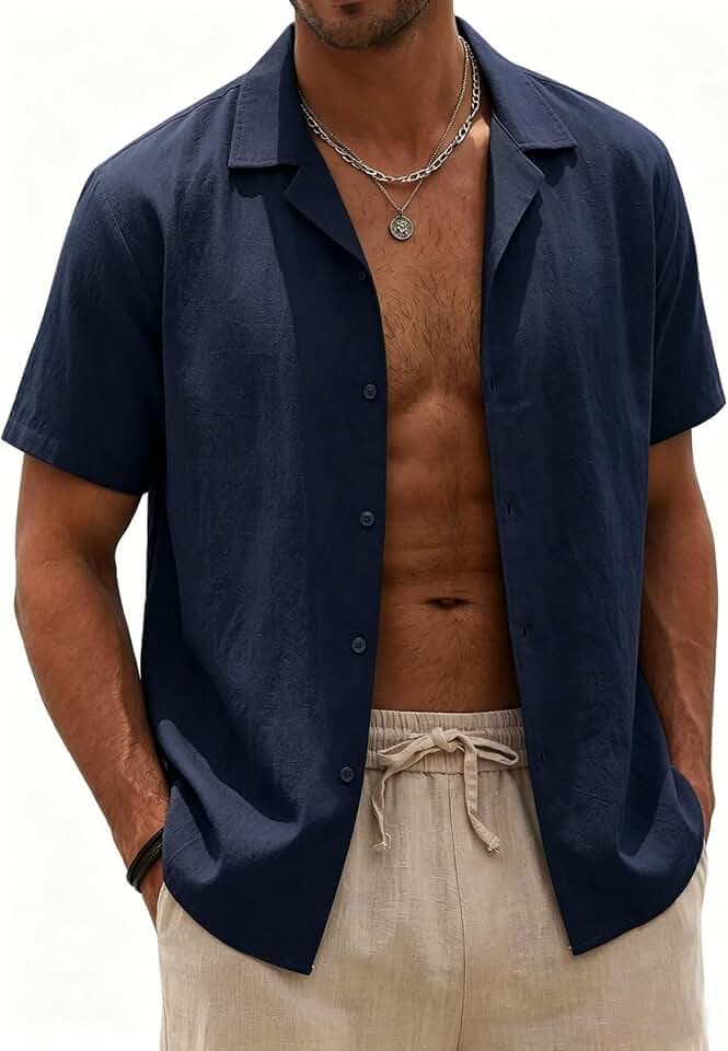 Halfword Leinenhemd Herren Kurzarm Sommer Hemd Strand Shirts