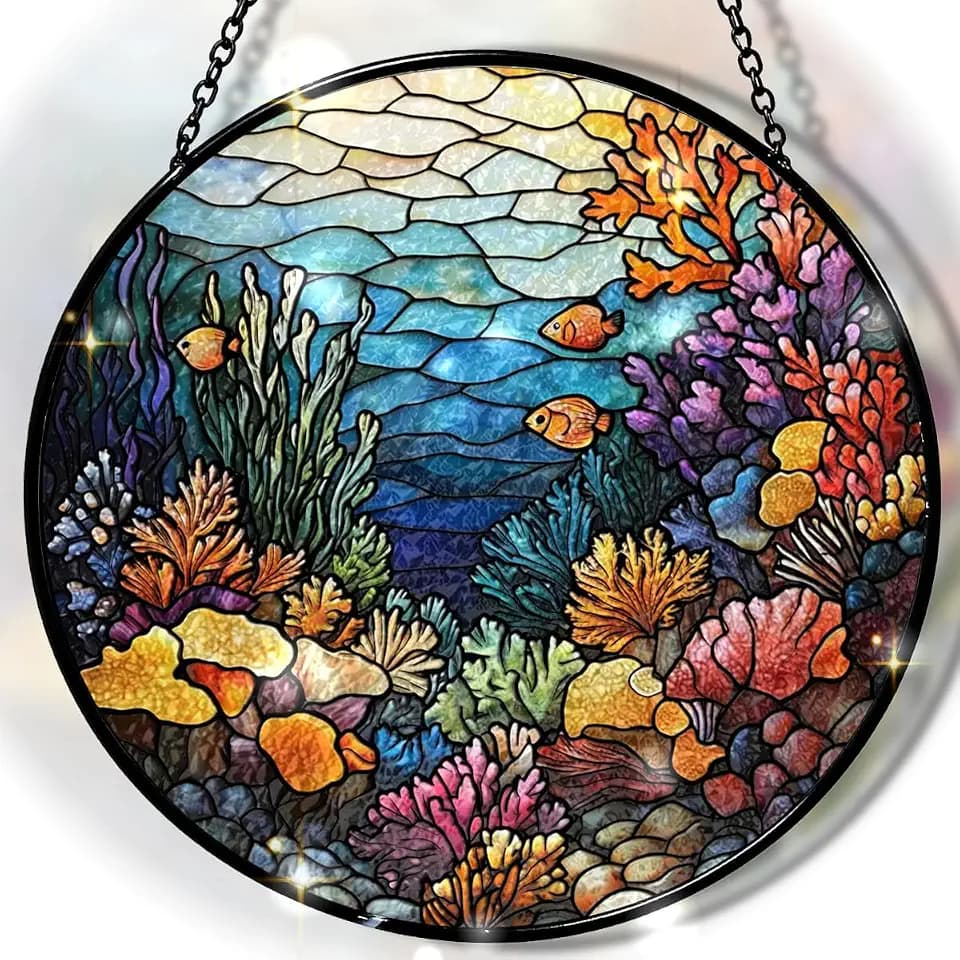 Ocean Coral Reef Suncatchers Stained Glass Window Hanging 7.8 in
