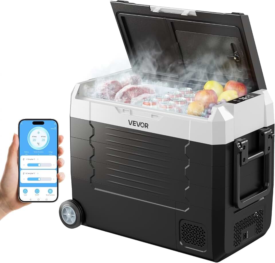 VEVOR Kompressor Kühlbox 12/24 V DC 100–240 V AC, Autokühlschrank 45 L mit App-Steuerung & Rädern & 2 Temperaturzonen (-20 °C bis 20 °C), Tragbarer Kühlschrank für Wohnmobile Boote Camping Angeln