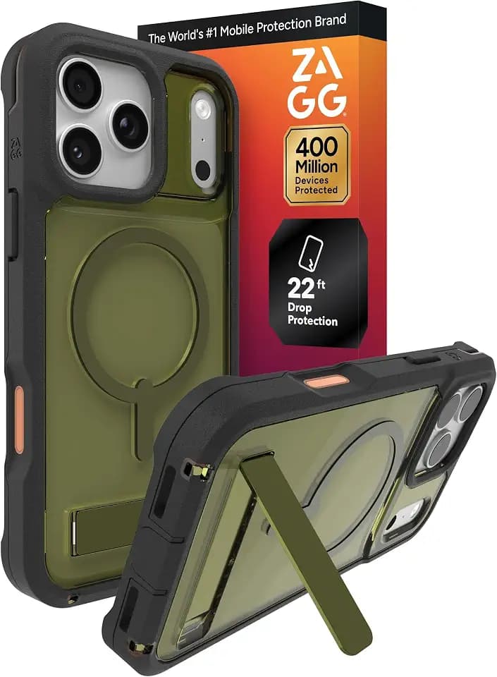 ZAGG Rainier Case with Kickstand for iPhone 17 Pro Max - Green Sea Kelp, Graphene 22ft (7m) Drop Protection, Lanyard Attach Points, MagSafe, Wireless Charging Compatible, 2-Piece Design, Phone Case