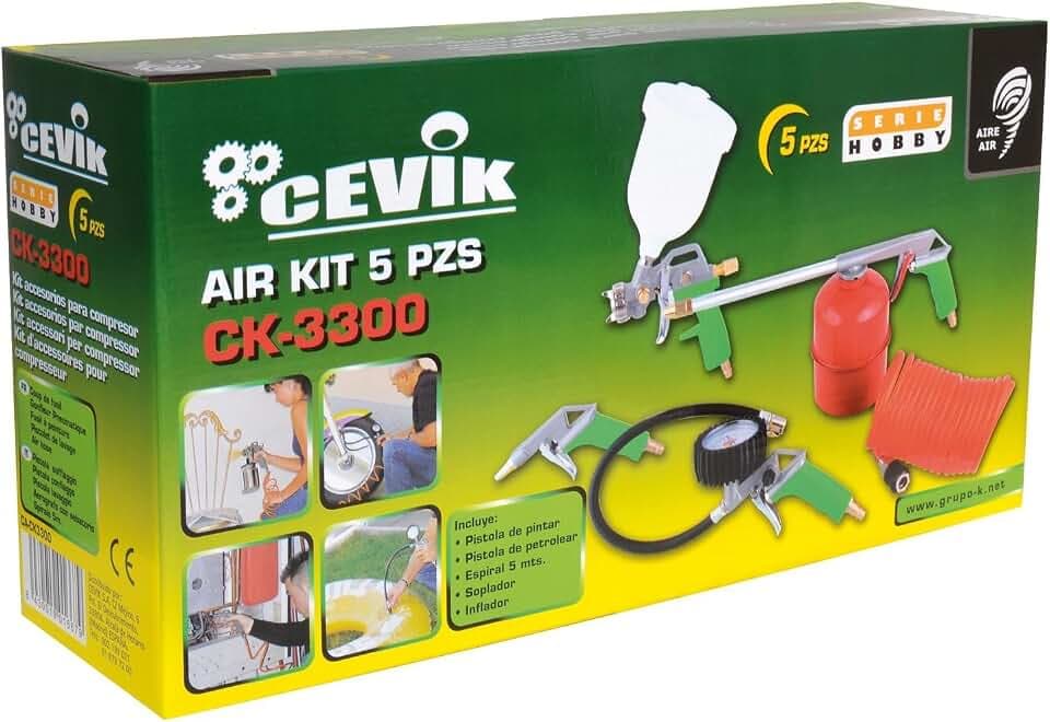 Cevik CA-CK3300 Kompressor-Set, 5-teilig: Farbpistole, Petrolear, Gebläse, Luftpumpe und Spirale 5 m