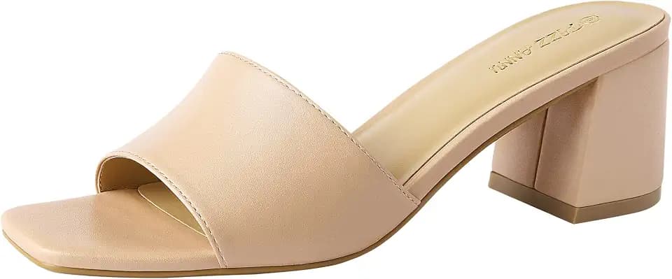 PIZZ ANNU Women's Low Block Chunky Heels Sandals, Nude 6.5