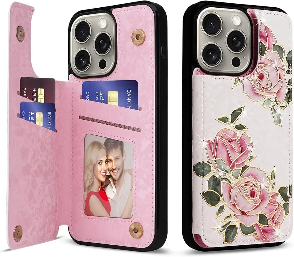 UEEBAI Wallet Case for iPhone 14 Pro with Card Holders, PU Leather Cover Kickstand RFID Blocking Double Magnetic Clasp Rilievo Flower Shockproof Flip Case for Women Girls - Rose Flower