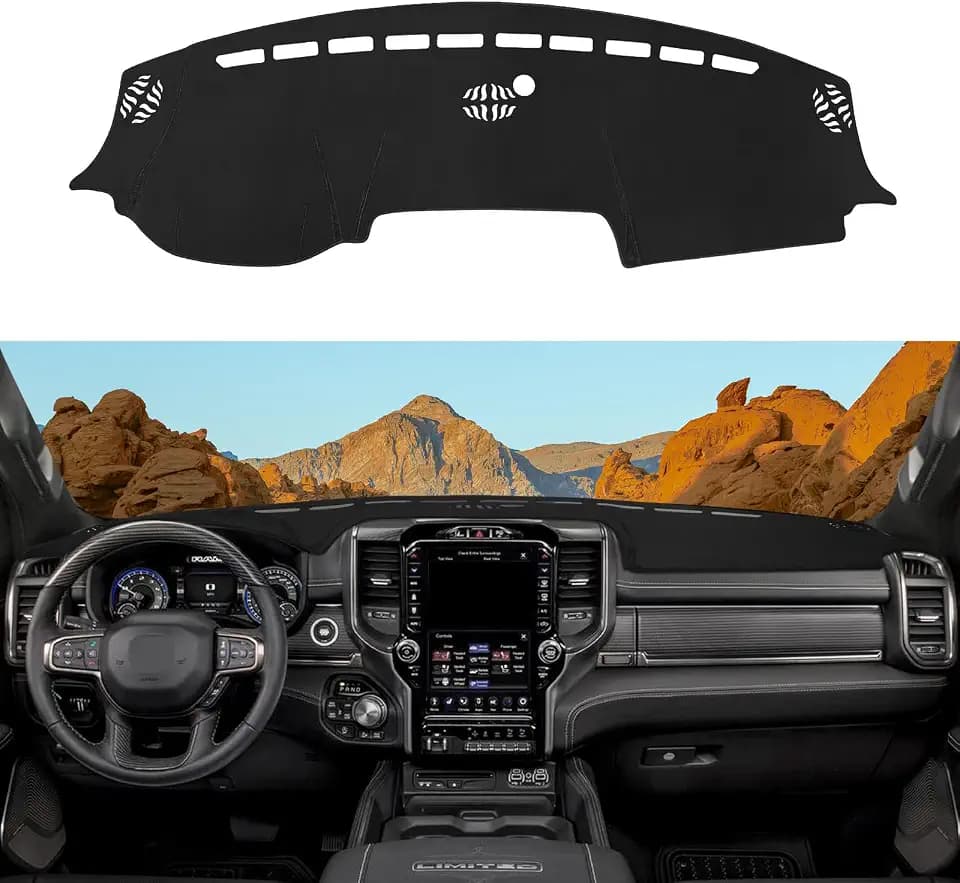 Premium Flannel Dashboard Cover Mat for 2019-2026 Dodge Ram 1500 2500 3500 Interior Accessories, Custom Fit Anti-Slip Dash Cover UV Protection Sunshade No Glare Black