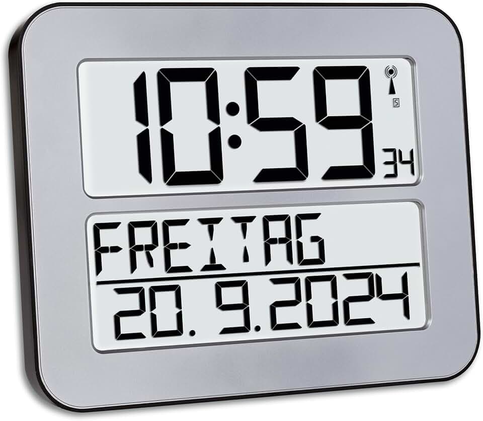TFA Dostmann Timeline Max Funk-Wanduhr, 60.4512.54, digital, übersichtliche Funkuhr, Seniorenuhr, Demenzuhr, mit ausgeschriebenem Wochentag & Datum, mit Weckfunktion, 25,8 x 3 x 21,2 cm, Silber