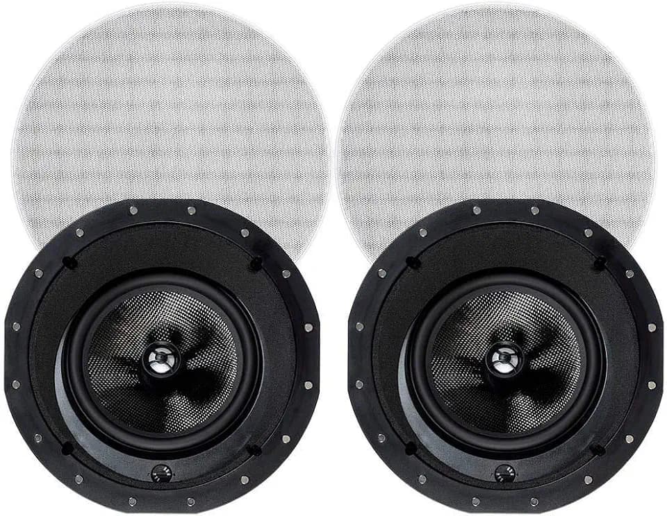 Monoprice 2-Way Carbon Fiber In-Ceiling Speakers - 8-Inch, With 15 Degree Angled Drivers, Pair, Black - Alpha Series