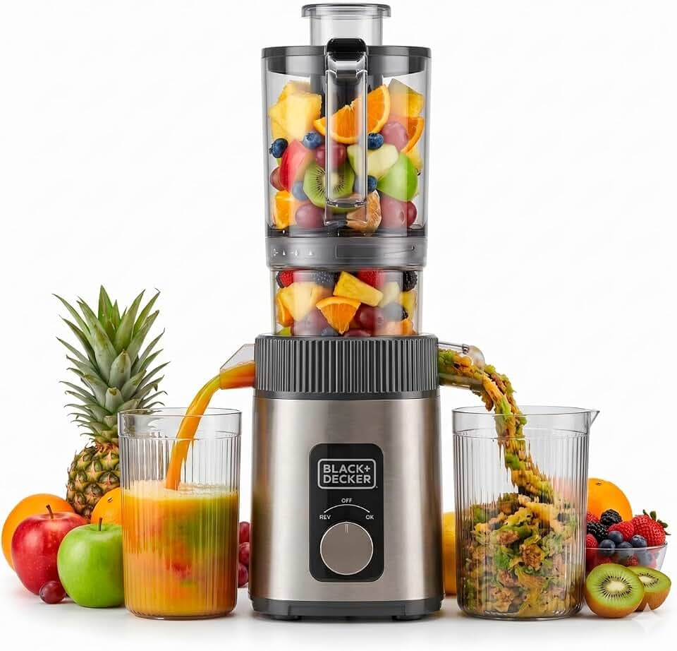 Black+Decker - Entsafter Slow Juicer | Kaltpressen | 110 mm Einfüllöffnung | 800 ml Saft / 600 ml Trester | Reverse-Funktion | Spülmaschinenfester Filter