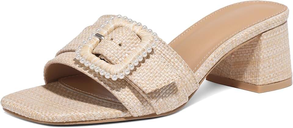 Erocalli Heeled Sandals for Women Raffia Sandals 2026 Chunky Heels Square Toe Mules Slip On Dressy Sandal Open Toe Summer Low Short Small