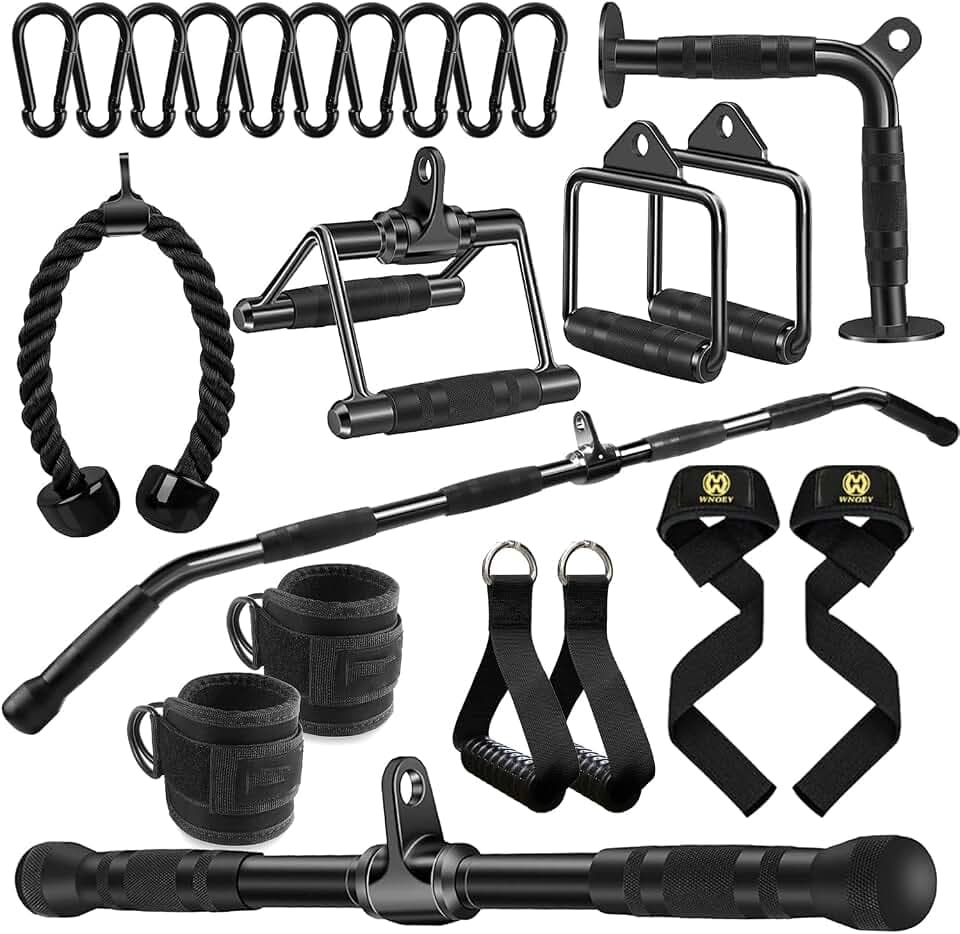 LAT Bar Cable Attachment with Rubber Handgrips, Deluxe Heavy Duty Solid Curl Bar Revolving Hanger Home Gym Cable Attachments