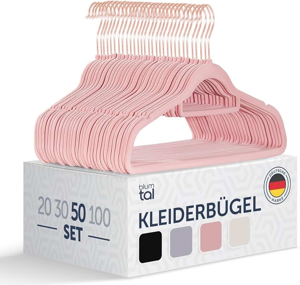 Blumtal Kleiderbügel 50 Stück ohne Clips - Kleiderbügel Samt 360° drehbar und belastbar - Ultra platzsparend und rutschfest - Hangers - Samtbügel Rosegold/Rosa