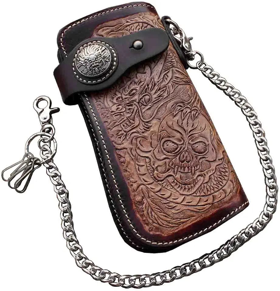 Dragon Skull Motorcylce Biker Cow Leather Card Holder Handmade Wallet With Chain L66