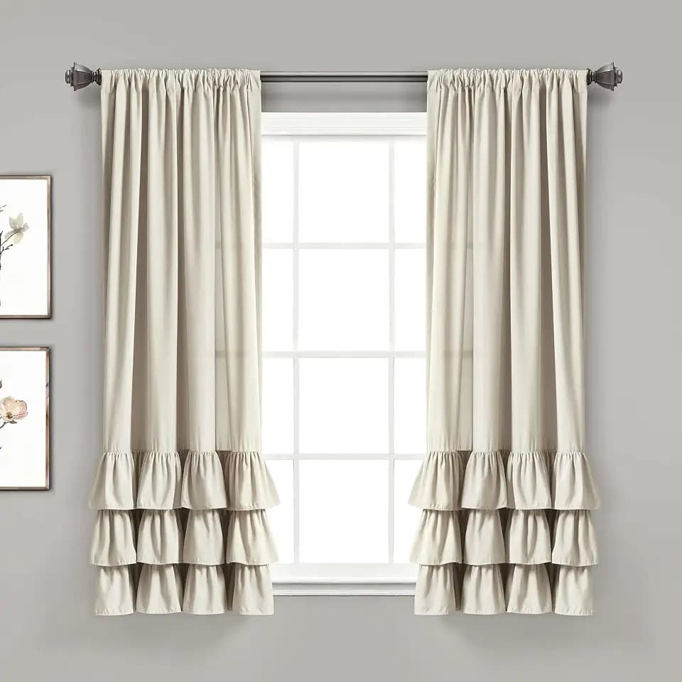 Lush Decor Allison Ruffle Light Filtering Window Curtain Panels Pair 40" W x 63" L Neutral - Coquette Curtains for Bedroom - Drapes - Ruffle Curtains Kids