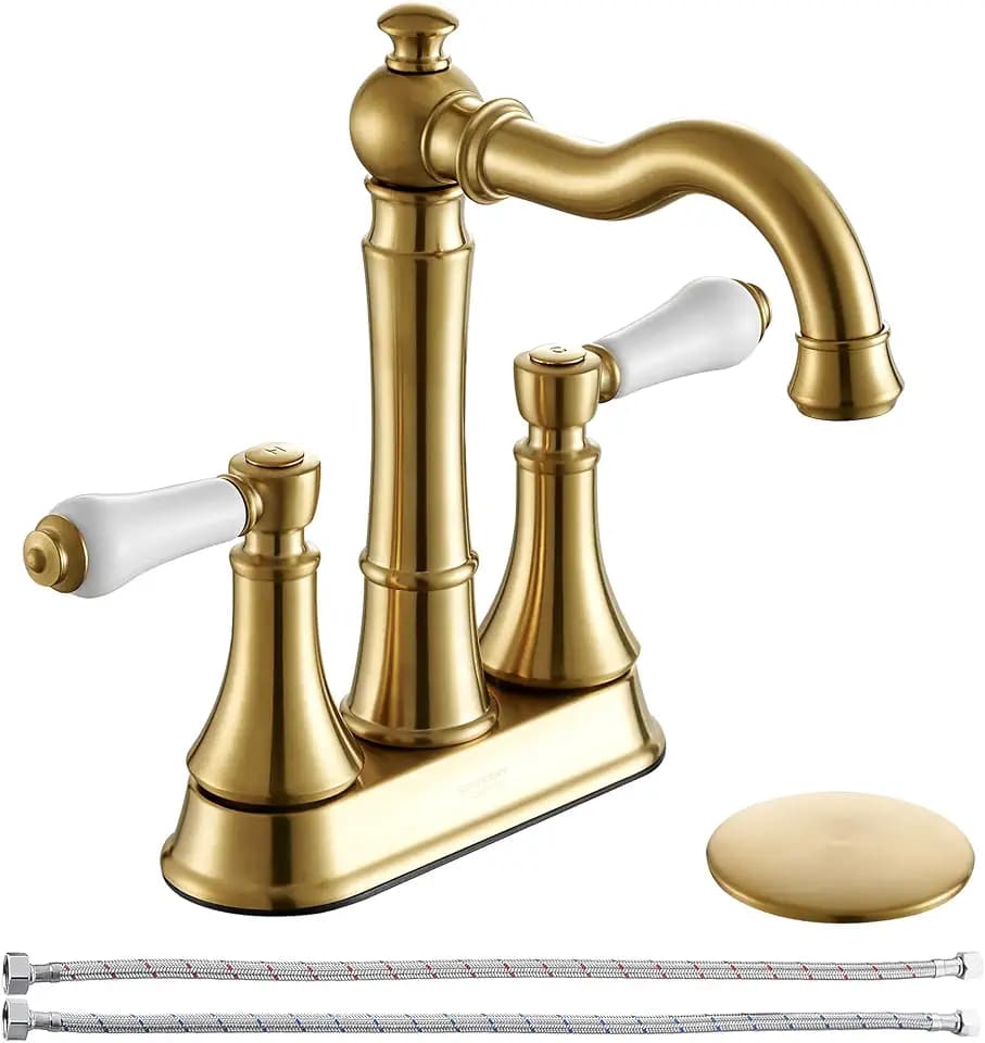 Classic 4-Inch Centerset Brushed Gold Bathroom Faucet, 2-Handle Porcelain