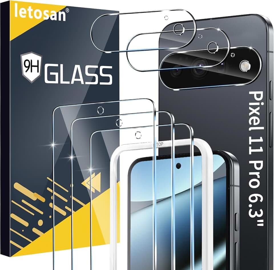 letosan 3 Pack for Google Pixel 11 Pro Screen Protector Tempered Glass + 3 Pack Camera Lens Protector, Military Grade Shatterproof, 9H Hardness, Fingerprint Unlock,Case Friendly 6.3 Inch