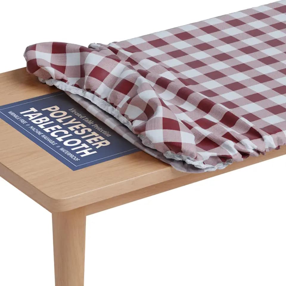 Tablecloth of Polyester -Fitted with Elastic, Water Proof, Washable, Fits for Table 36 x 60 Inch, Checked Burgundy Design, for Indoor/Outdoor Kitchen and Picnic and More...