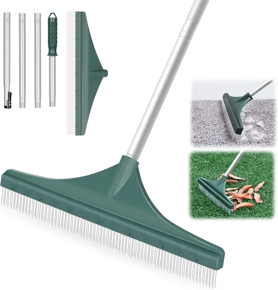 ORIENTOOLS Gartenharke Kunstrasenbürste Kunststoff Blatt Harke Mit Dreiteiliger Griff 75 bis 135 cm, Kunstrechen mit PBT Bürste für Rasen und Teppiche