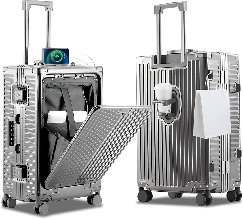 YYW All Aluminium Luggage With Spinner Wheels Lightweight PC hardside Rolling Suitcase, Built-In TSA lock Carry on Suitcase, with Cup Holder, USB Port, Phone Holder (Gray,20inch/35x23x55cm)