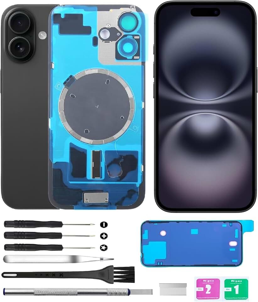 Back Covers Glass(Includes Lens Glass, Bracket, Magnet) Replacement Compatible with iPhone 16 All Carriers with Professional Tool Set (Black)