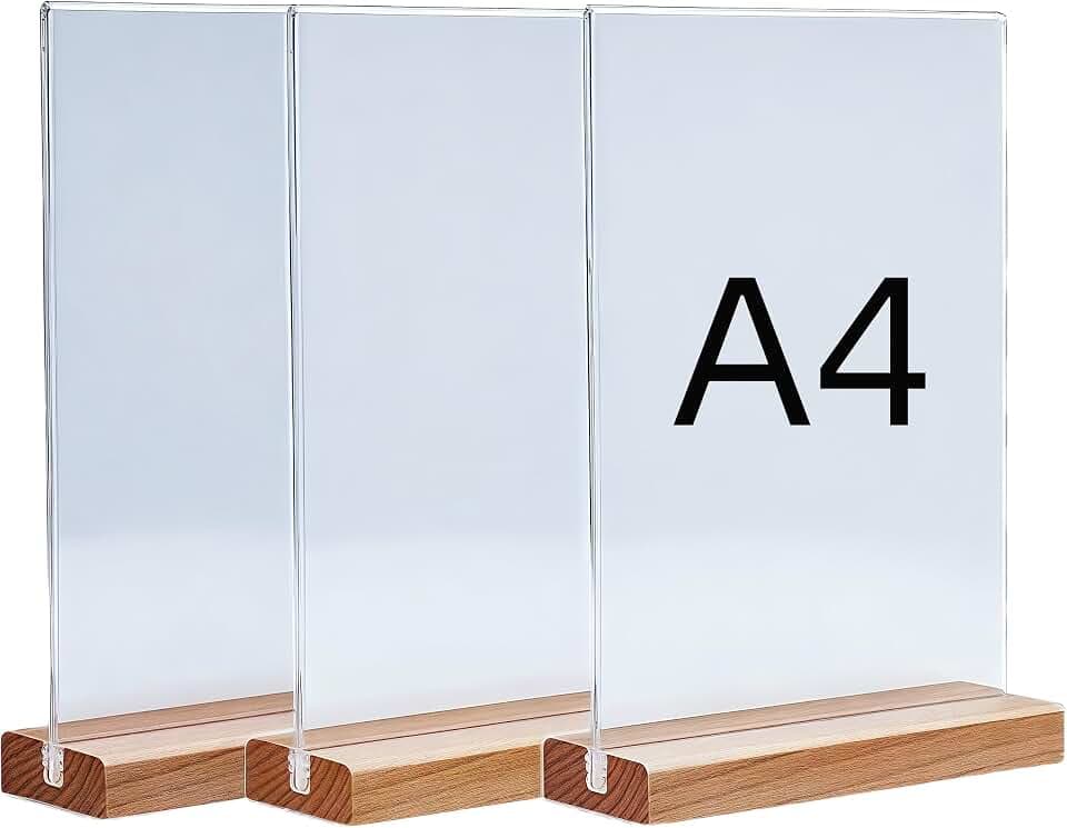 Preisschilder, 3 Stück Tischaufsteller A4 mit Holzsockelboden, A4 Acrylaufsteller, T-Ständer, Acrylwerbeaufsteller Display mit Holzfuß für Hochzeit, Restaurant, Büro, Café