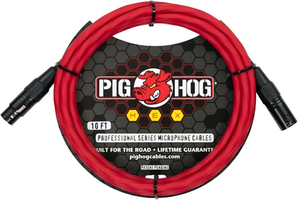 Pig Hog Hex Series Mic Cable Right Angle, Candy Apple Red, 10 Feet