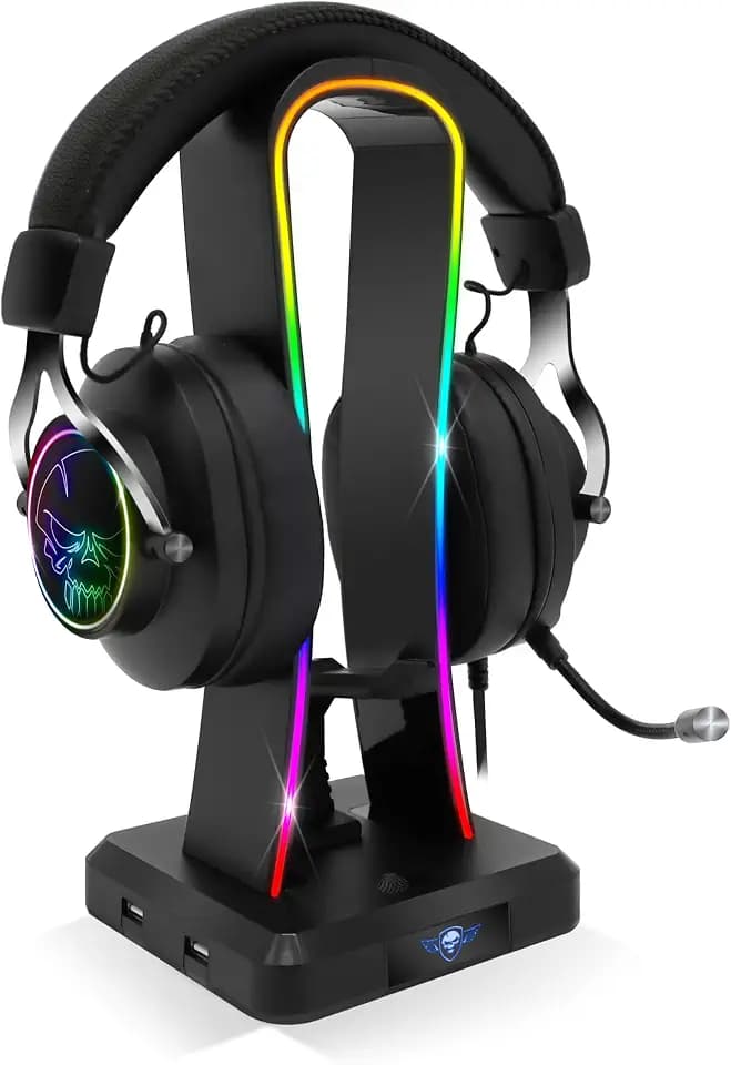 Spirit of Gamer - Sentinel, RGB Headsethalter Gaming, 11 helle Hintergrundbeleuchtungs Effekte, 4 USB Anschlüsse, PC und Konsolen kompatibel, USB-C Kabel und Mauskabelführung, Ideales Gaming Zubehör