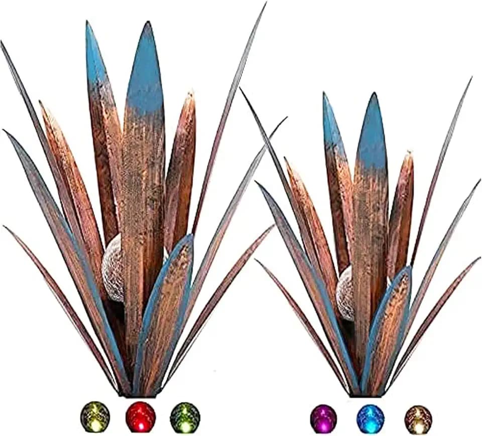 Jesokiibo 2pcs Tequila Sculpture Metal Agave Plant Home Decor Rustic Hand Painted Figurines Yard Decorations Lawn Ornaments（Multi-Color LED Solar Light Green） (Blue)