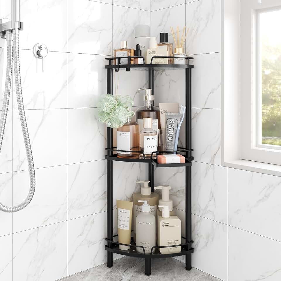 ELYKEN Corner Shower Caddy Standing, 3 Tier Metal Shower Organizer, Black