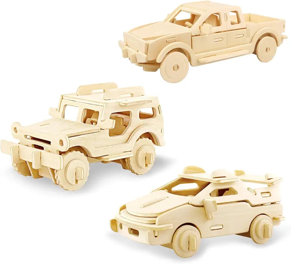 Georgie Porgy 3D Wooden Puzzles for Kids Toys Construction Woodcraft Kits DIY Model Puzzle Kits Birthday Gifts Pack of 3 (Sports Cars Off-Road Vehicle Pickup)