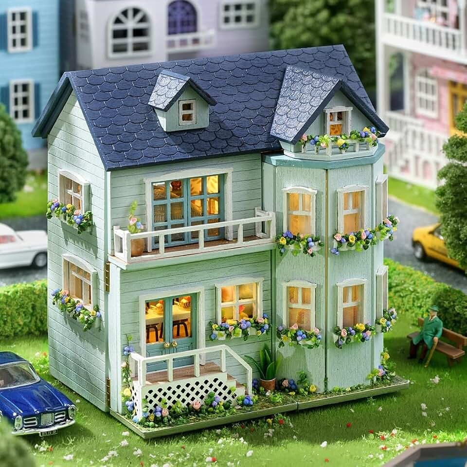 CUTEROOM Miniatur Haus, DIY Puppenhaus Set aus Holz, Mini Hausbau-Set mit Möbeln und LED Licht, Geburtstagsgeschenk für Frauen und Mädchen (Warm Manor)