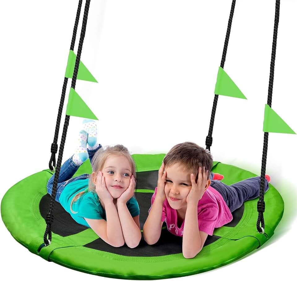 PACEARTH 40 Inch Saucer Tree Swing Flying 600lb Weight Capacity 2 Added Hanging Straps Adjustable Multi-Strand Ropes Colorful Safe and Durable Swing Seat for Children-Green